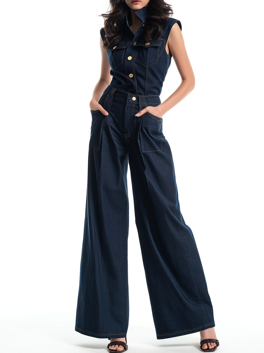 Dark Indigo Denim Two-Piece Set – Structured Sleeveless Shirt & Wide-Leg Pants