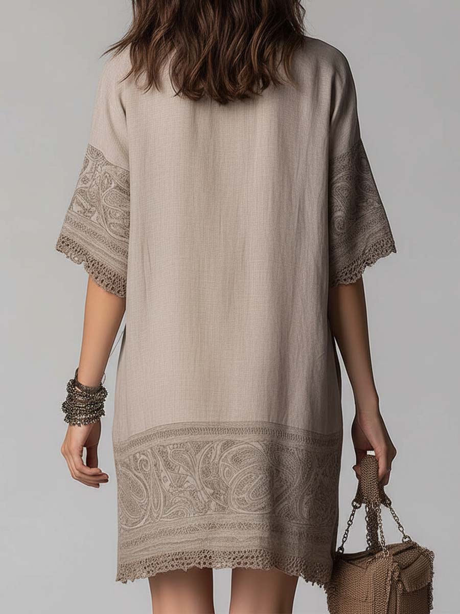 Paisley Print Cotton-Linen Lace-Trim Button Shirt Dress