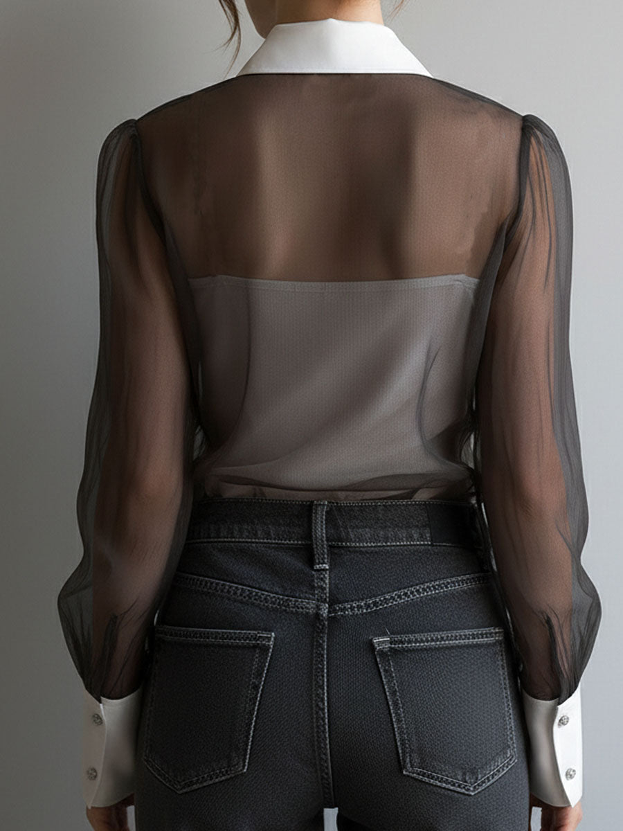Retro Black Sheer Organza Contrast-Collar Blouse