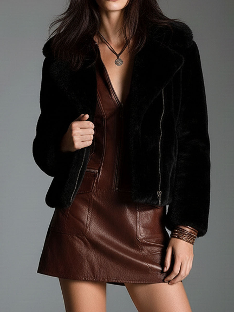 Chocolate Brown Eco Leather Zip-Front Mini Dress With Utility Pockets