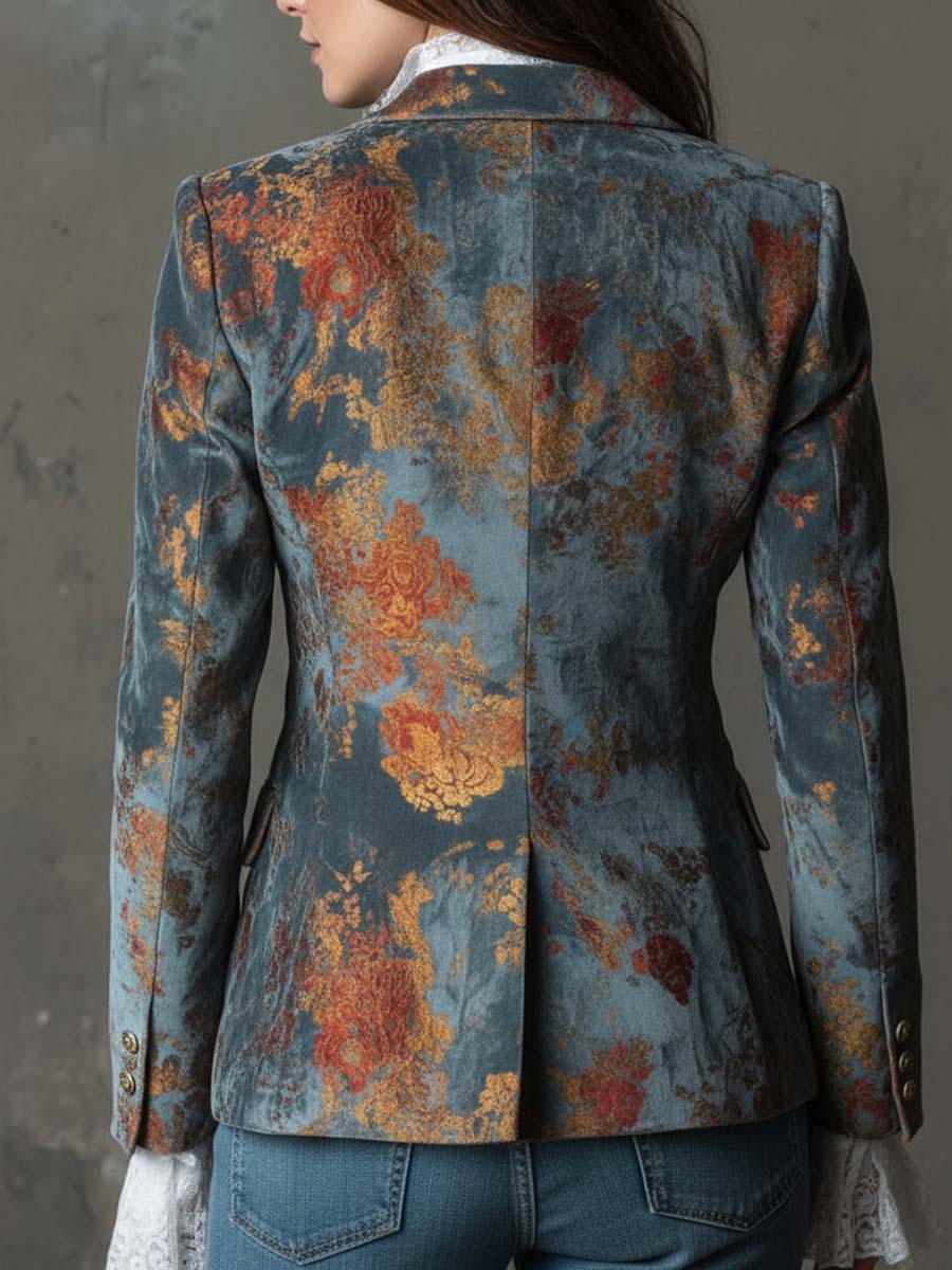 Retro Oil Painting Style Polyester Velvet Printed Double-breasted Blazer
