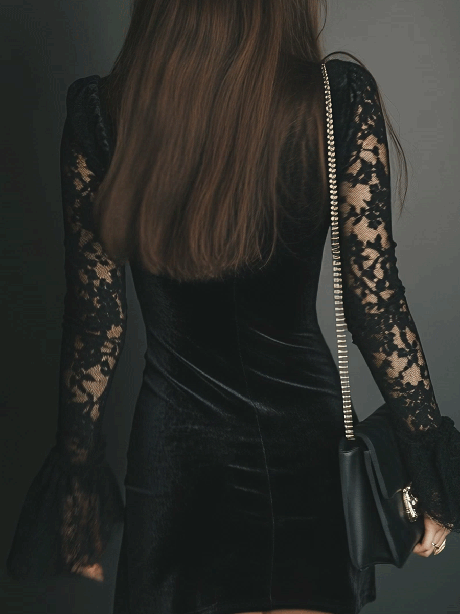 Romance Midnight Velvet Lace Bell-Sleeve Mini Dress