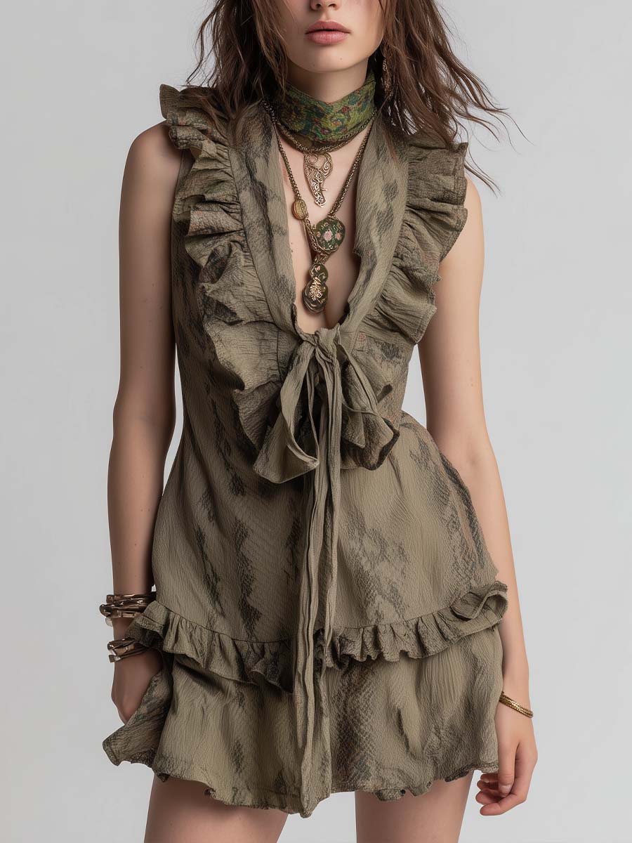 Cotton Snake-Print Ruffle Tie-Front Dress