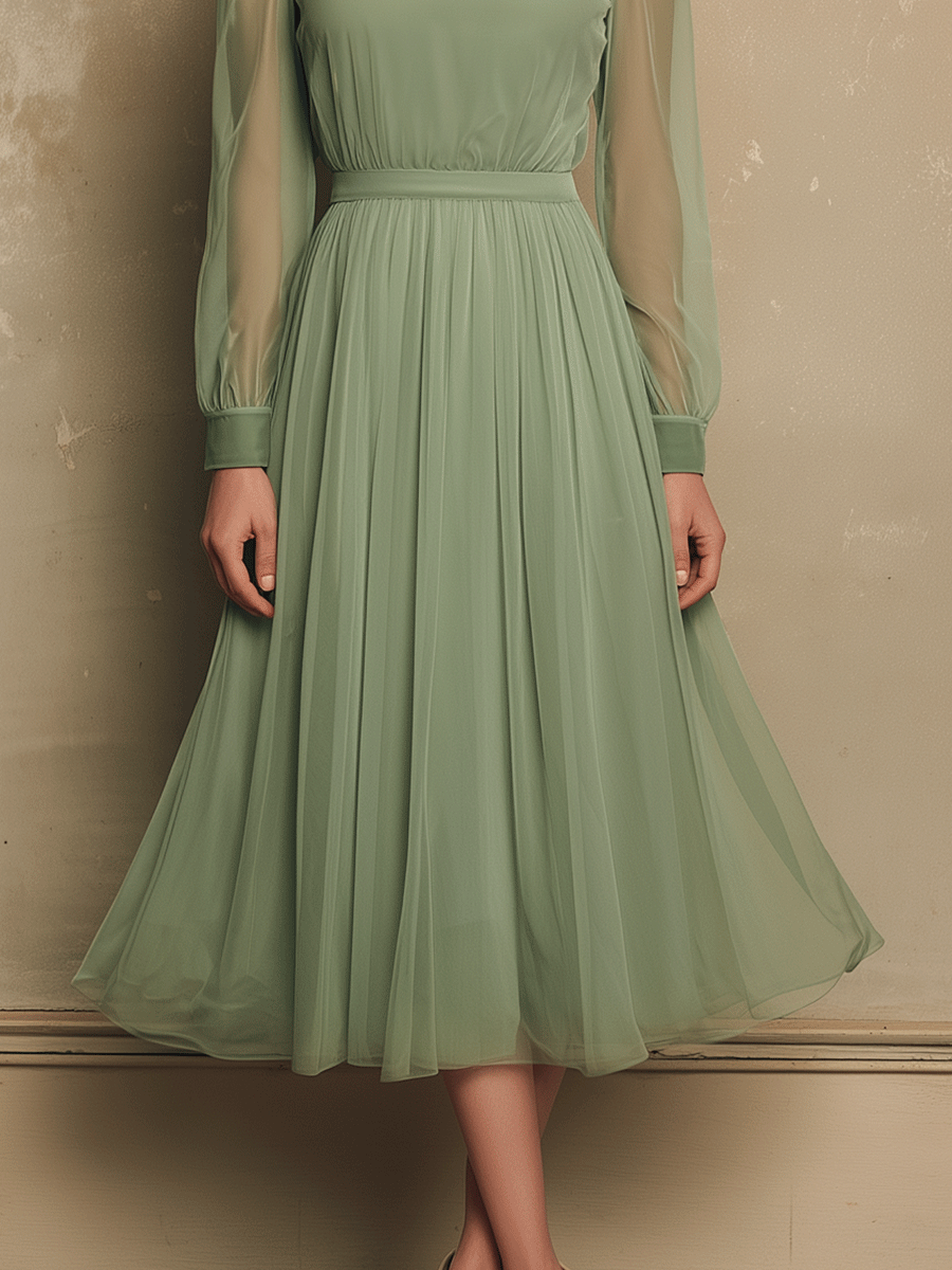 Elegant Mesh-Sleeve Mint Green Flow Midi Dress