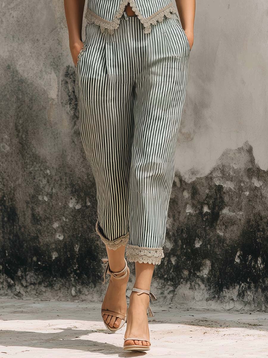 Classic Beige Green Striped Vest & Cropped Pants Two-Piece Set