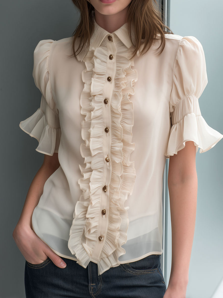 Retro Romantic Puff-Sleeve Champagne Ruffled Chiffon Blouse