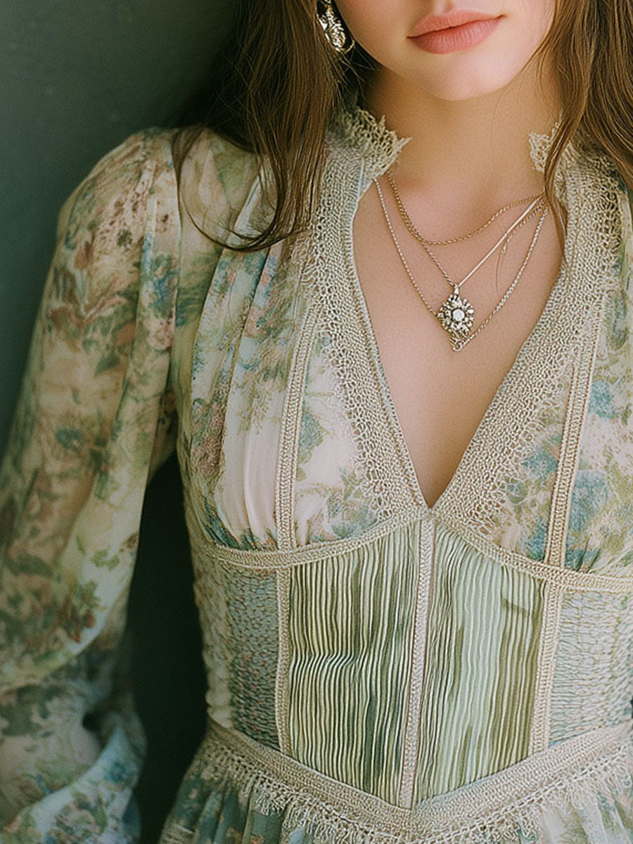 Boho Sage Floral Chiffon Corset Blouse With Lace Trim