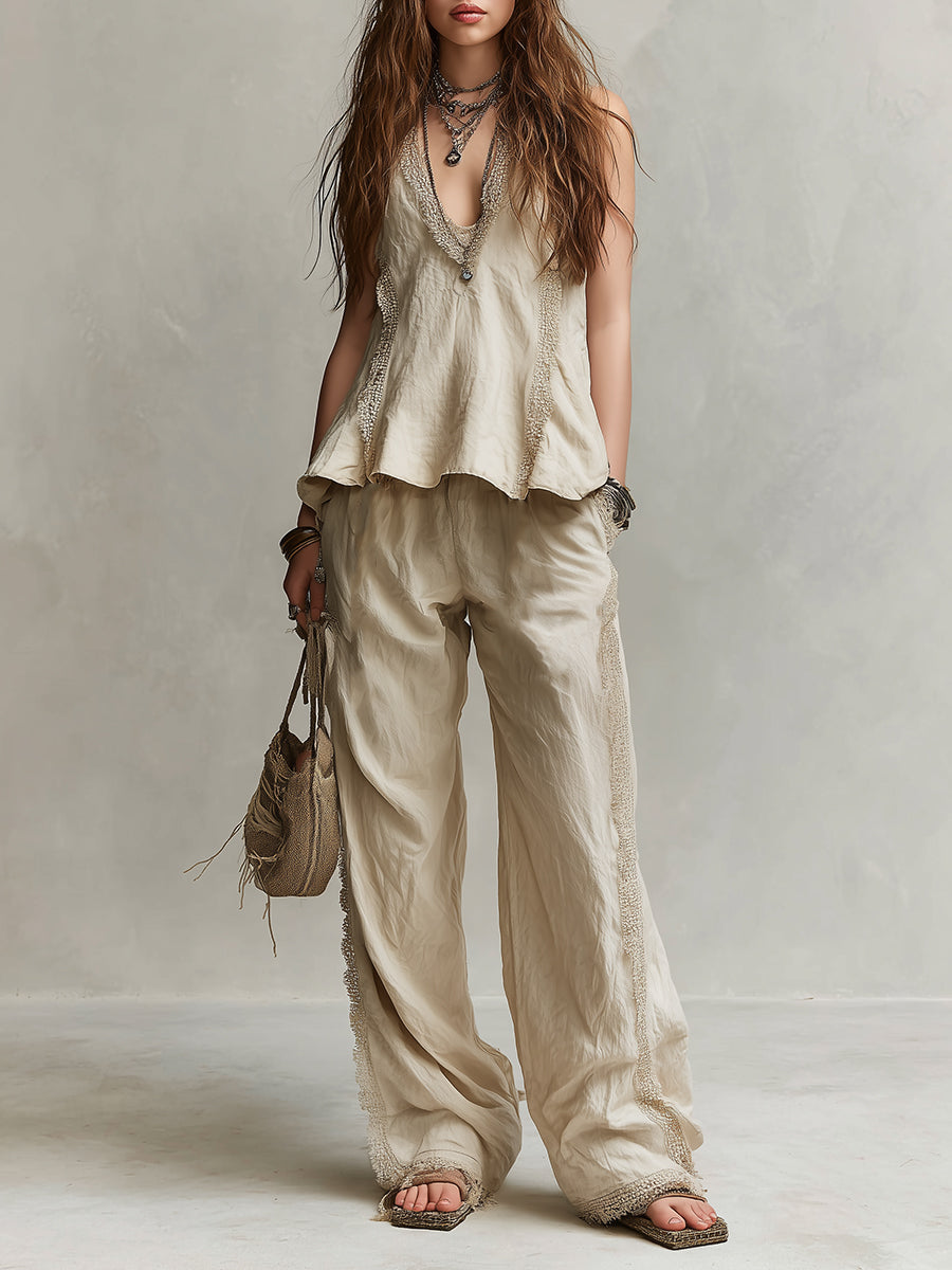 Bohemian Style Ruffled Vest & Straight-leg Pants Set With Lace Trim