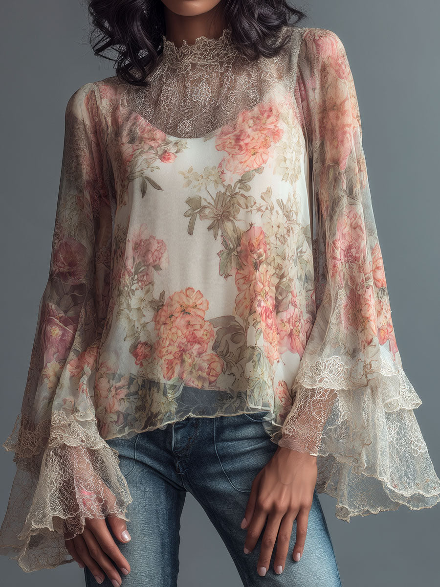 Vintage Floral Lace High-Neck Blouse With Sheer Bell Sleeve