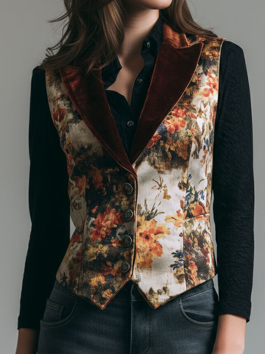 Vintage Burnt Orange Lapel Tapestry Print Velvet Vest