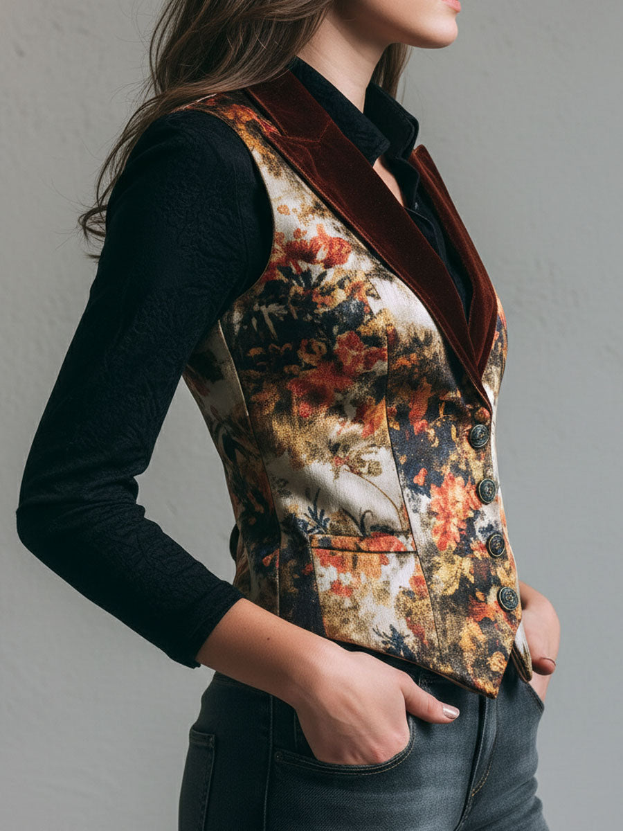 Vintage Burnt Orange Lapel Tapestry Print Velvet Vest