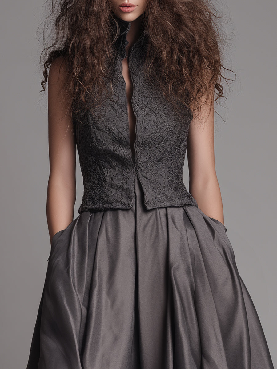 Vintage Double-layered Lace Vest With Front Zipper