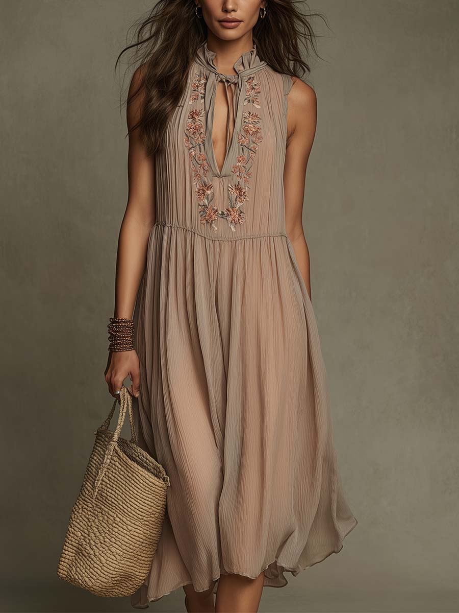 Lightweight And Comfortable Embroidered Tie-neck Sleeveless Midi Dress.
