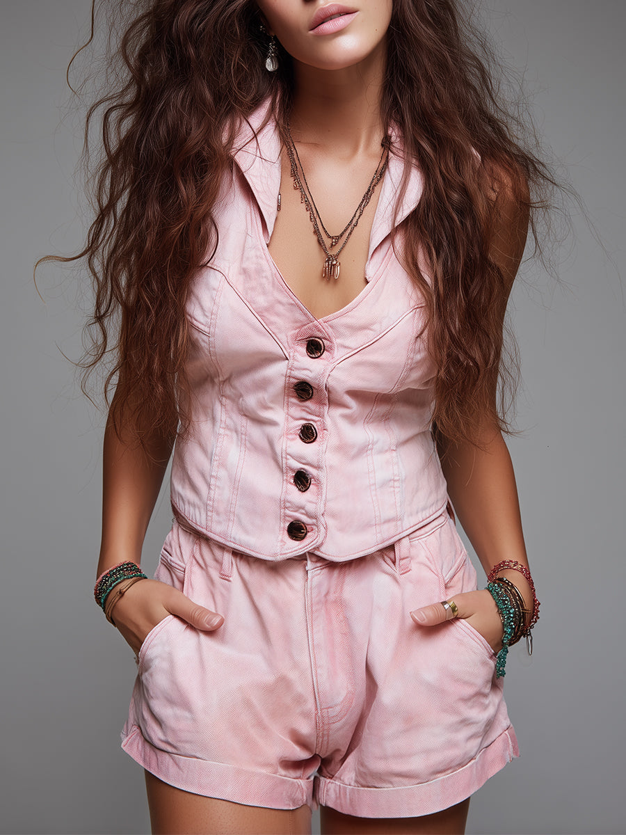 Vintage Washed Denim Vest & Shorts Set