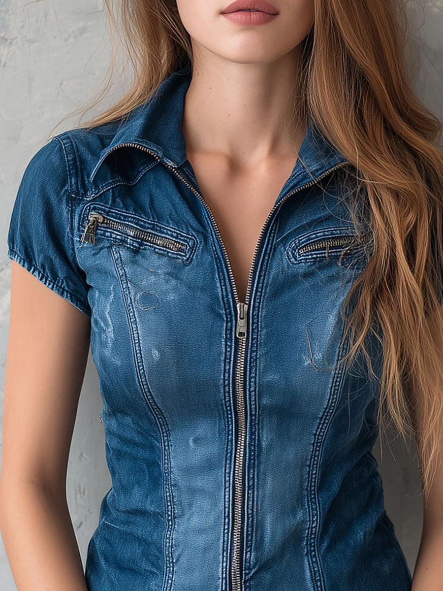 Utility Denim Zip-Front Fitted Short Sleeve Shirt
