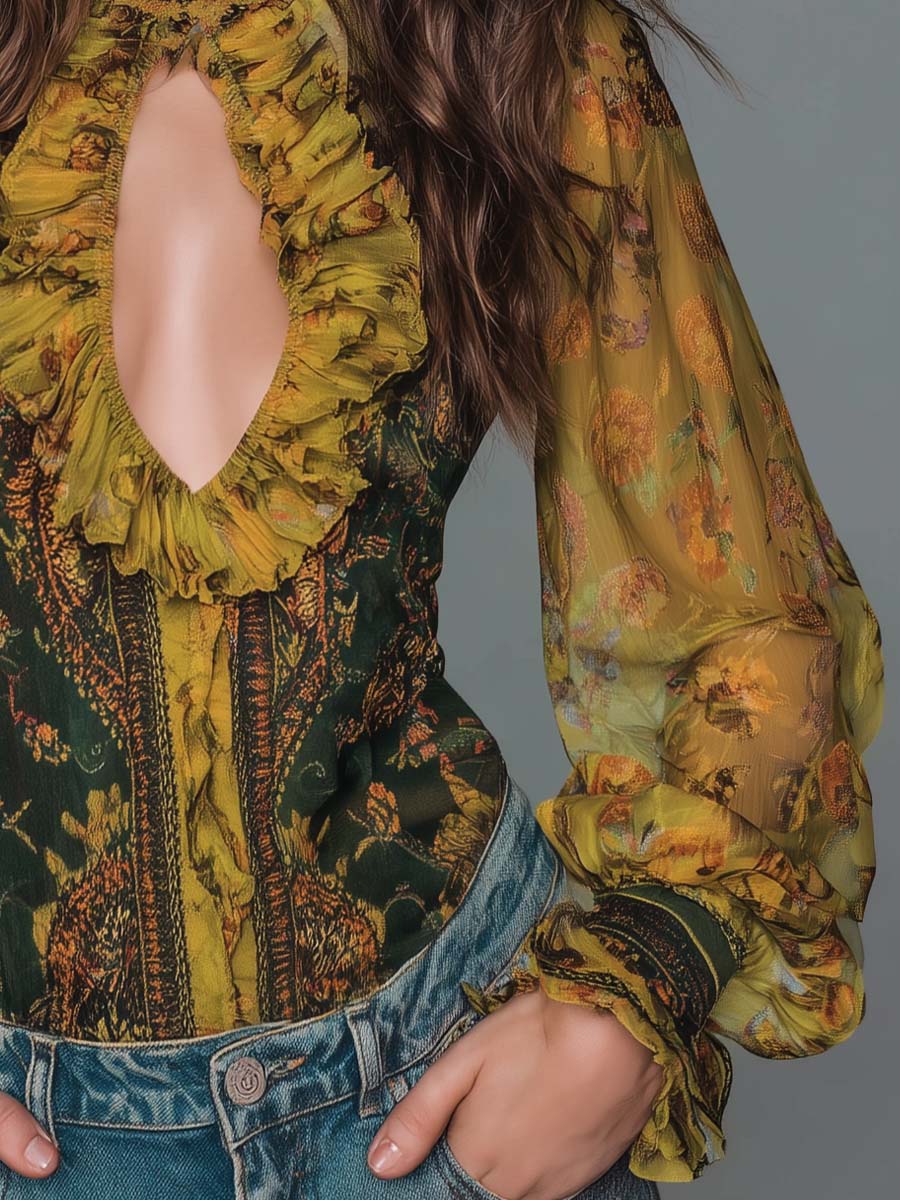 Bohemian Ruffled Keyhole Floral Chiffon Blouse