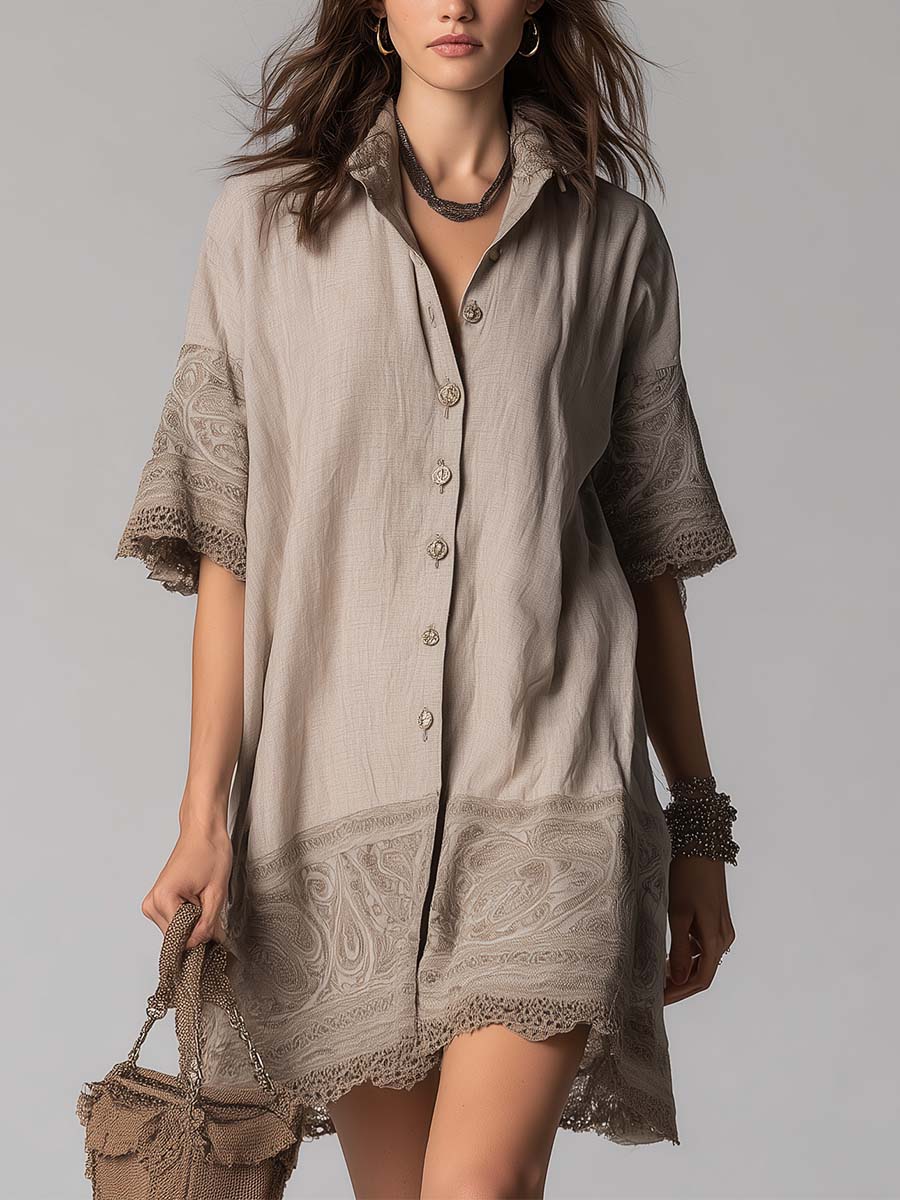 Paisley Print Cotton-Linen Lace-Trim Button Shirt Dress