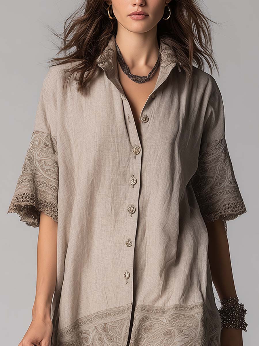 Paisley Print Cotton-Linen Lace-Trim Button Shirt Dress
