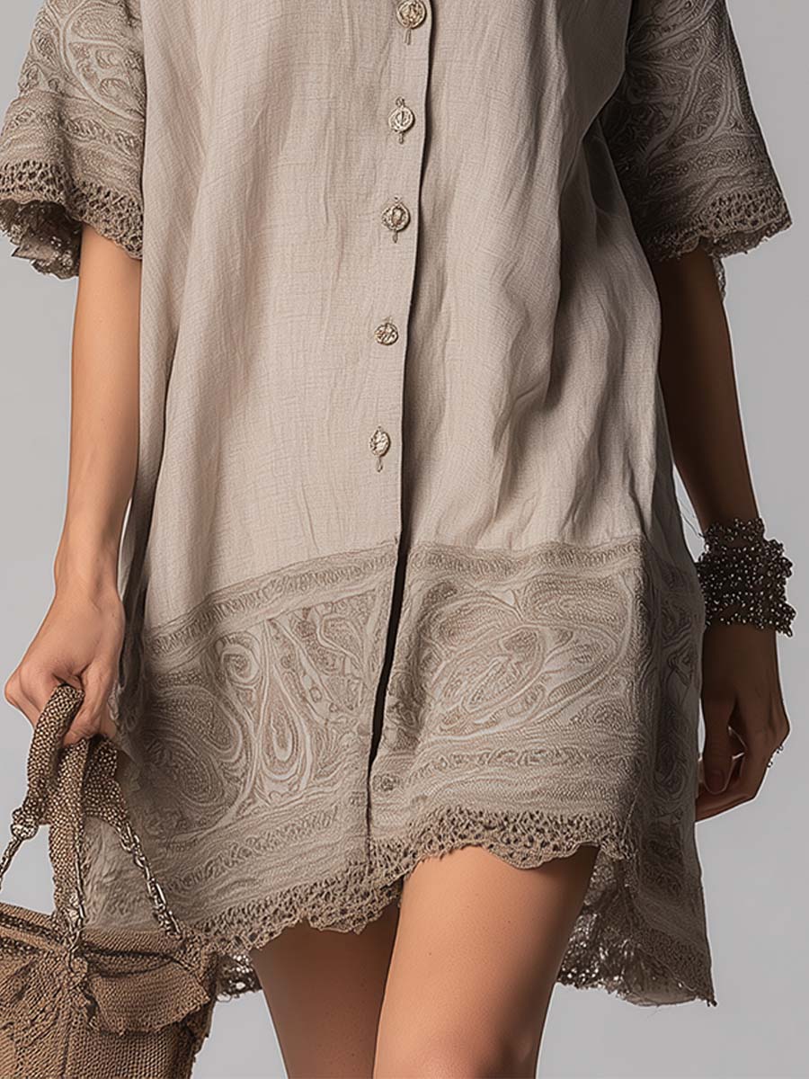 Paisley Print Cotton-Linen Lace-Trim Button Shirt Dress