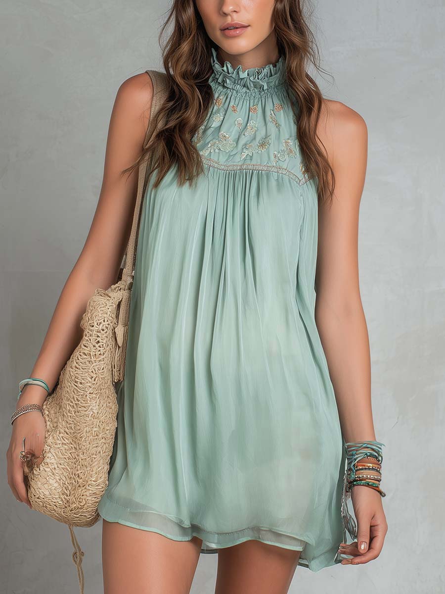 Lightweight Bohemian Embroidered High-Neck Sleeveless Mini Dress