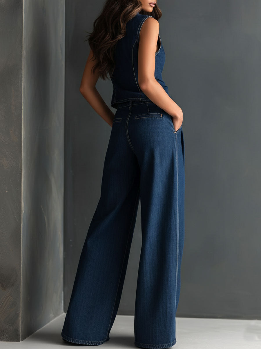 Retro Dark Indigo Denim Ailored Vest & High-Waist Wide-Leg Pants Set