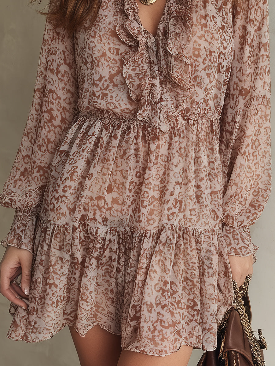 Romantic Leopard Print Chiffon Mini Dress With Ruffled Neckline