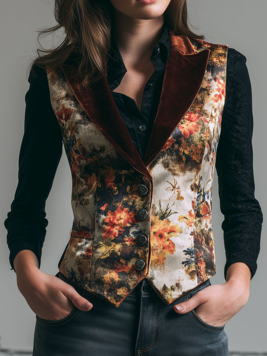 Vintage Burnt Orange Lapel Tapestry Print Velvet Vest
