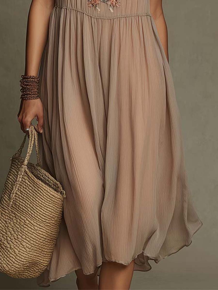 Lightweight And Comfortable Embroidered Tie-neck Sleeveless Midi Dress.
