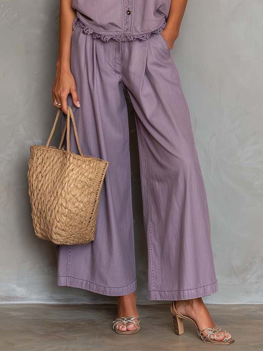 Casual Tencel Sleeveless Button-Front Top & Wide-Leg Pants Set