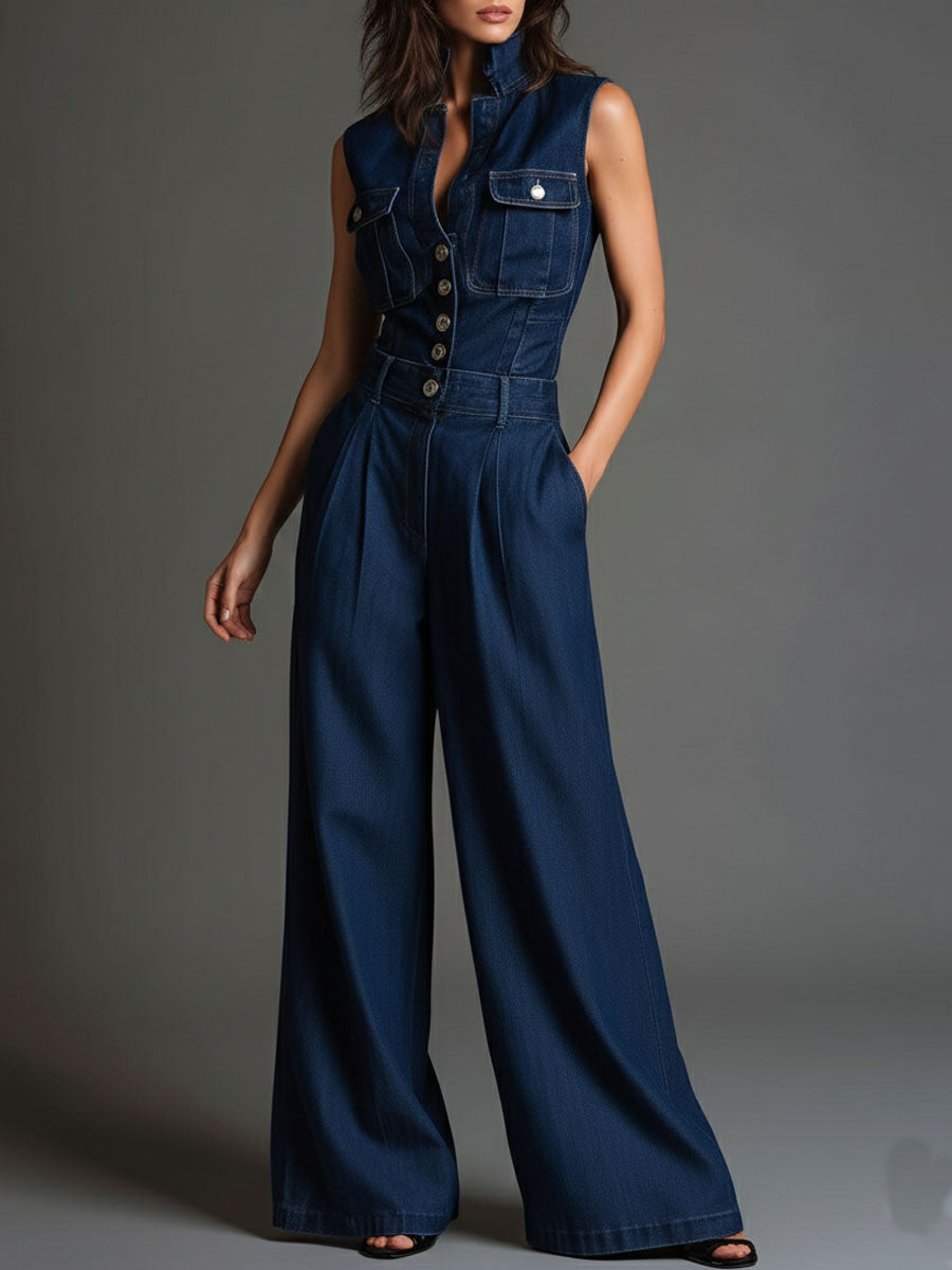Retro Dark Denim Sleeveless High-Waist Wide-Leg Jumpsuits