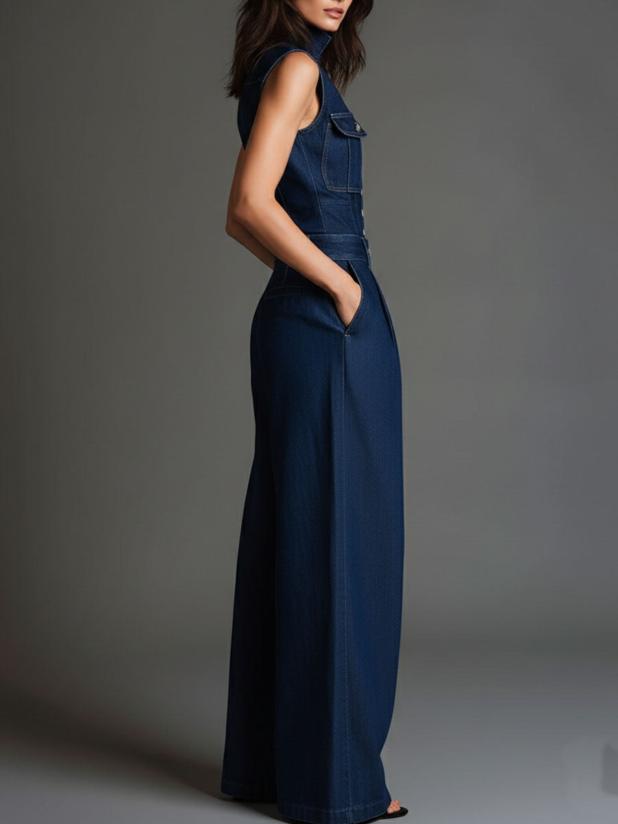 Retro Dark Denim Sleeveless High-Waist Wide-Leg Jumpsuits