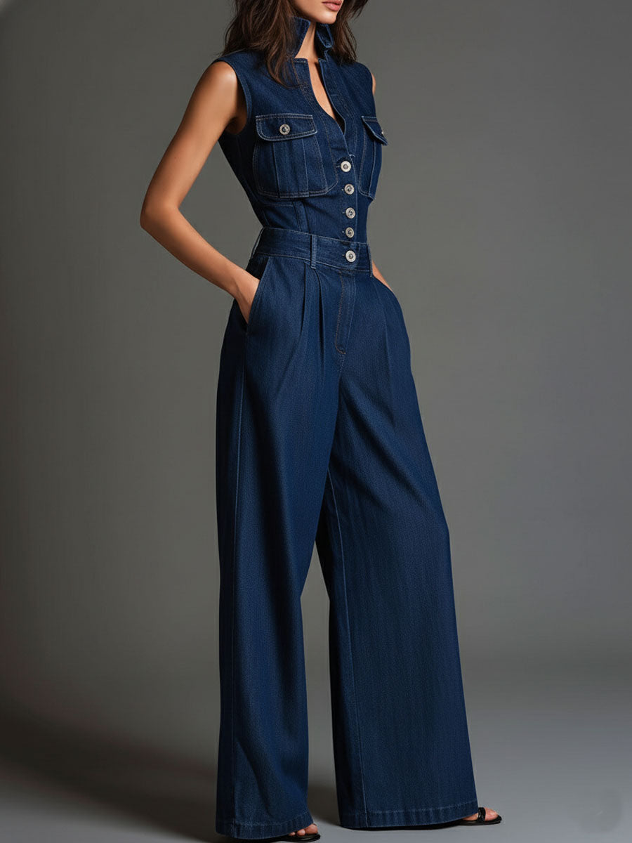Retro Dark Denim Sleeveless High-Waist Wide-Leg Jumpsuits