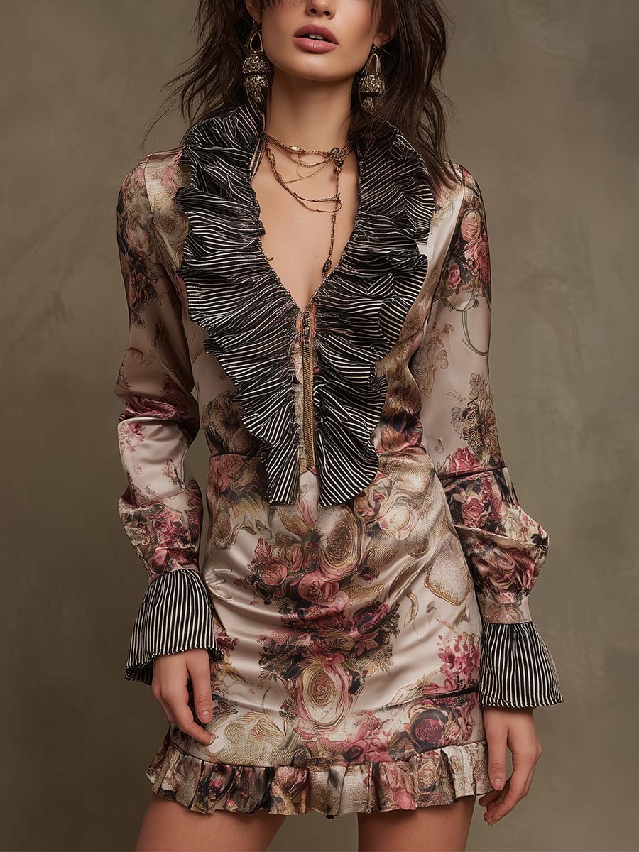Floral Ruffle Zip-Front Satin Mini Dress