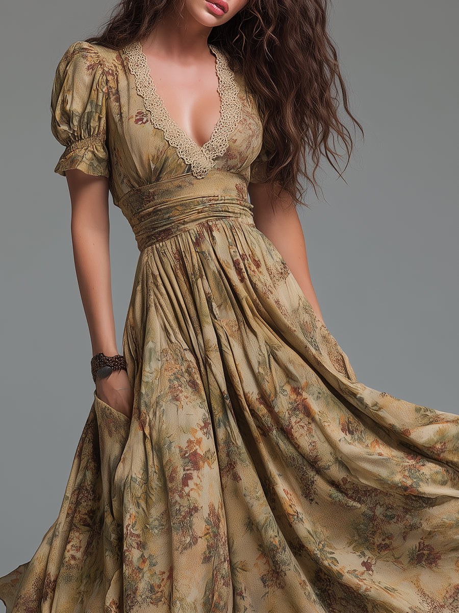 Vintage Oil Painting Print Short-sleeved Midi Dress With Lace Trim