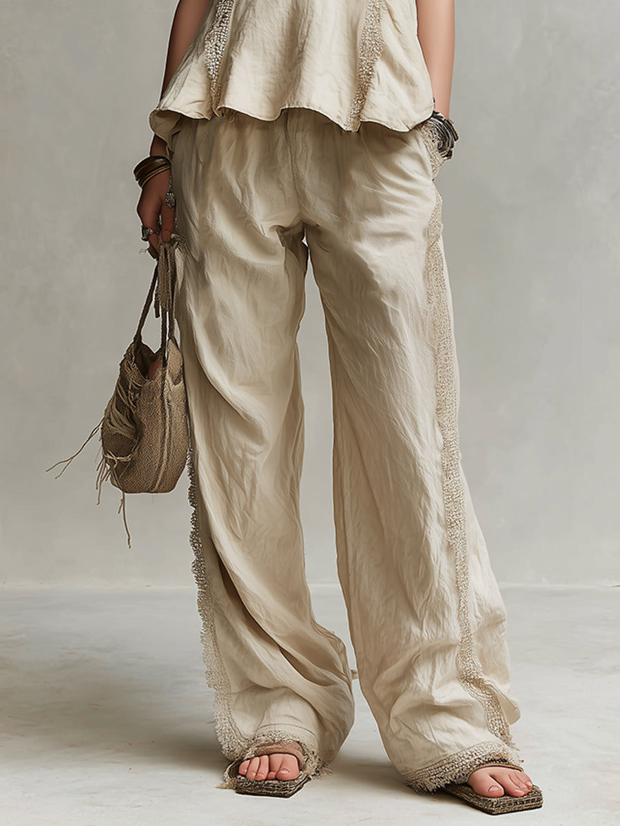 Bohemian Style Ruffled Vest & Straight-leg Pants Set With Lace Trim