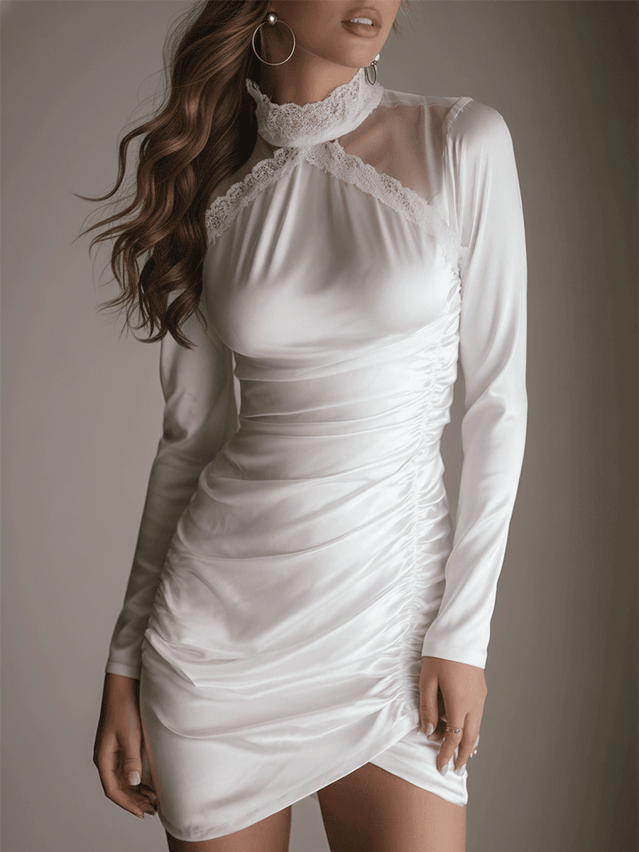 Quiet Romance Ivory Lace Ruched Mini Dress