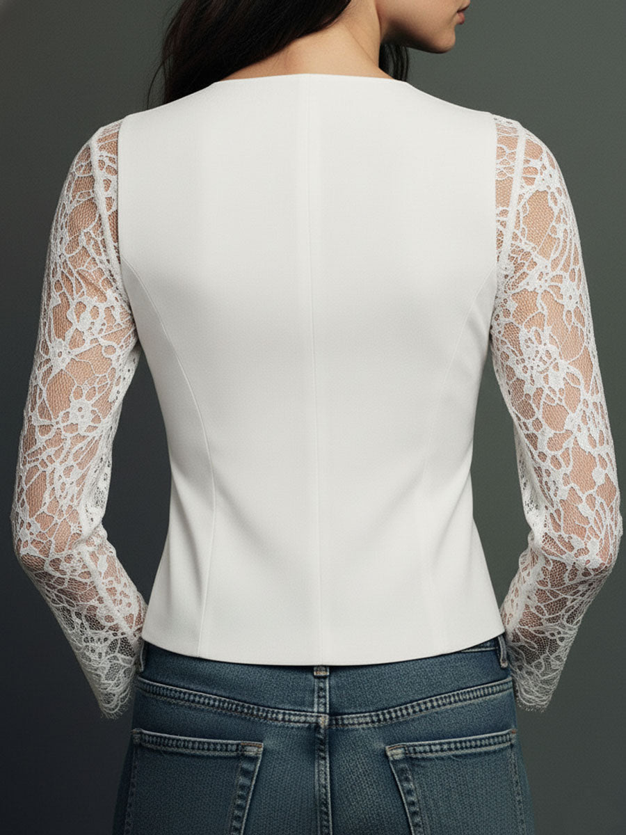 Elegant Black Lace Panel Sleeve Blazer Top