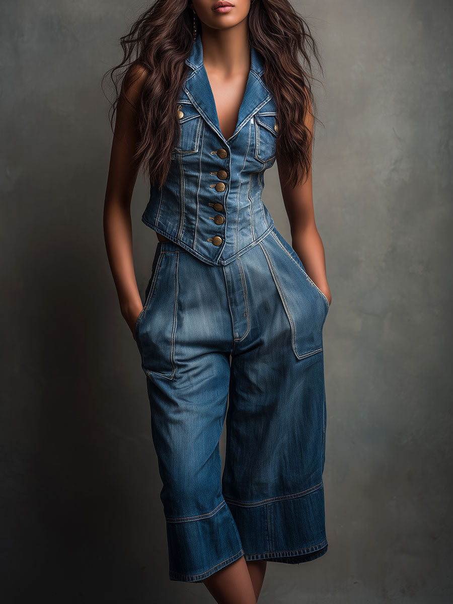RetroStructured Button-Front Denim Corset Vest