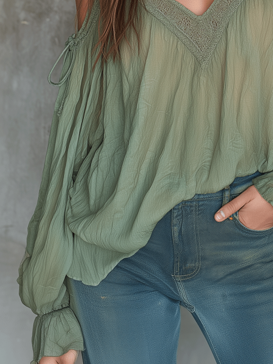 Boho V-Neck Off-Shoulder  Lace Blouse