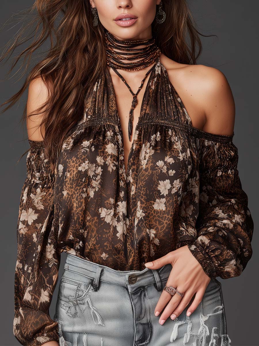 Bohemian Retro Wild Mocha Floral Halter Neck Blouse