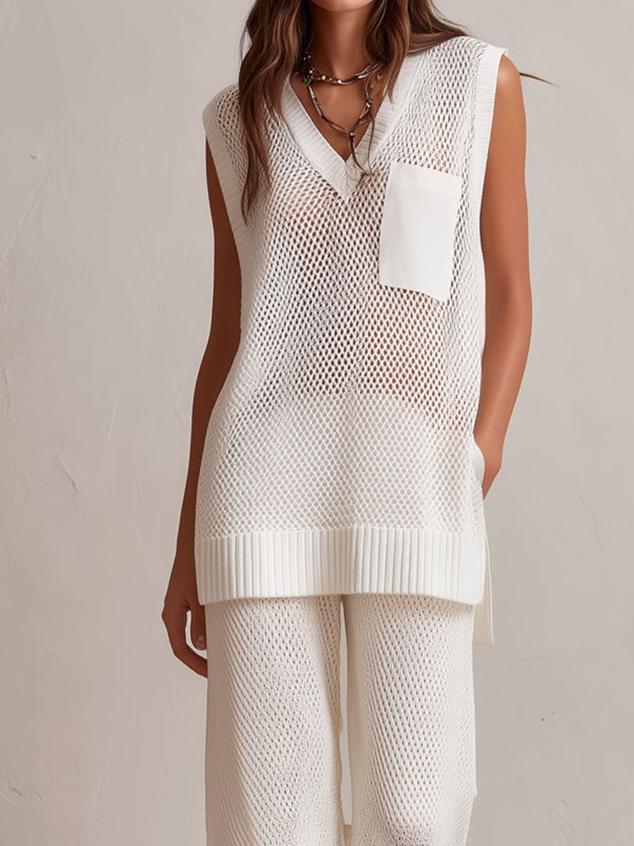Quiet Luxury Ivory Knit Sleeveless Top & Wide-Leg Pants Two-Piece Set