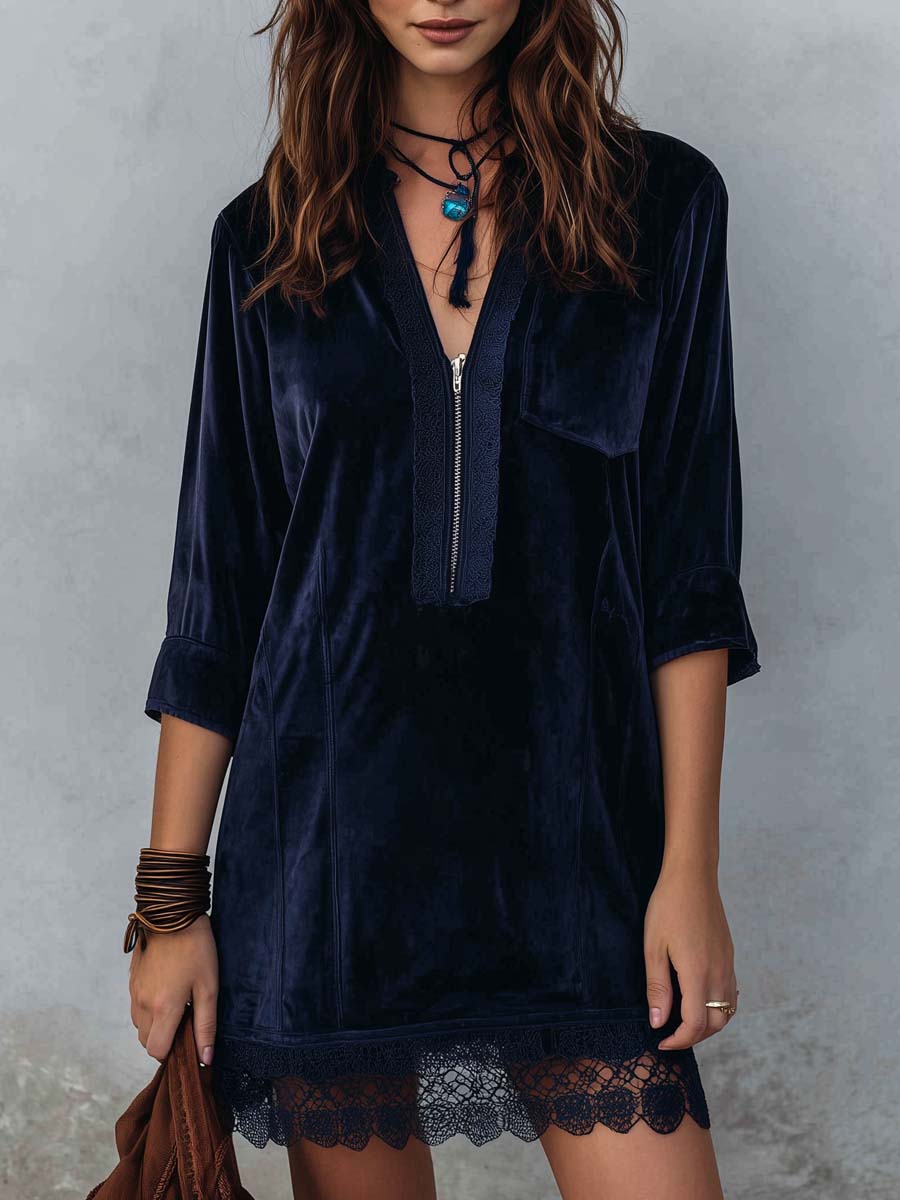 Retro Boho Style Zip-up Collar Polyester Velvet Mini Dress