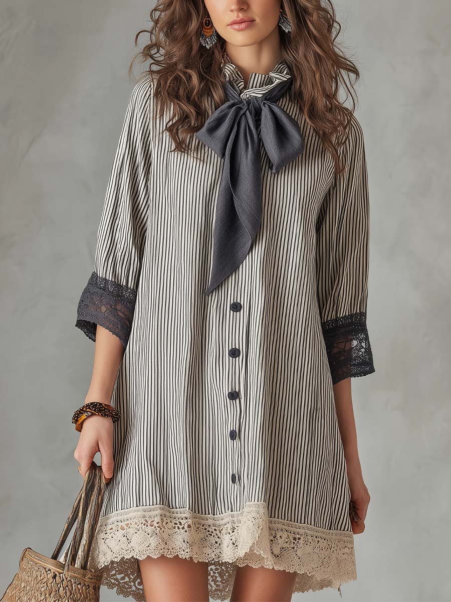 Elegant Casual Striped Cotton Shirt Dress With Bow Tie Detail.