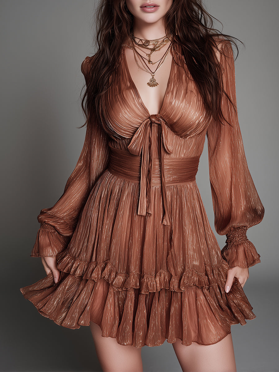 Bohemian Style Shimmering Chiffon Pleated Mini Dress With Ruffled Hem