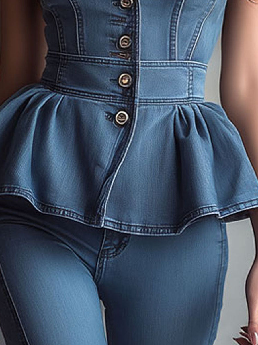 Retro Denim Tailored Button-Down Peplum Vest