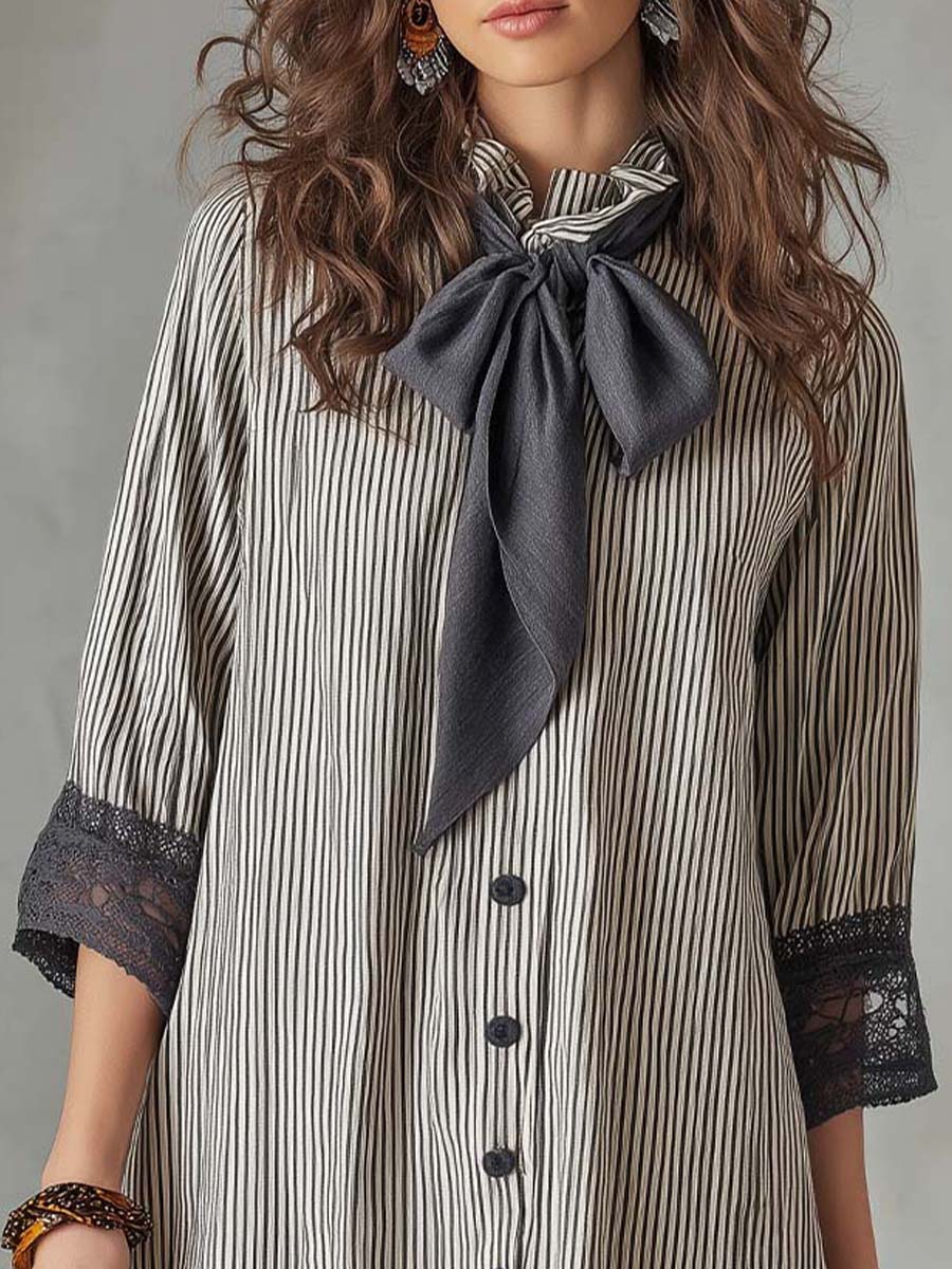 Elegant Casual Striped Cotton Shirt Dress With Bow Tie Detail.