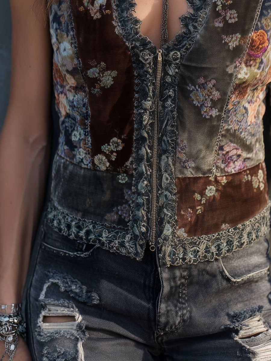 Vintage Boho Zip-Front Velvet Patchwork Floral Lace Vest