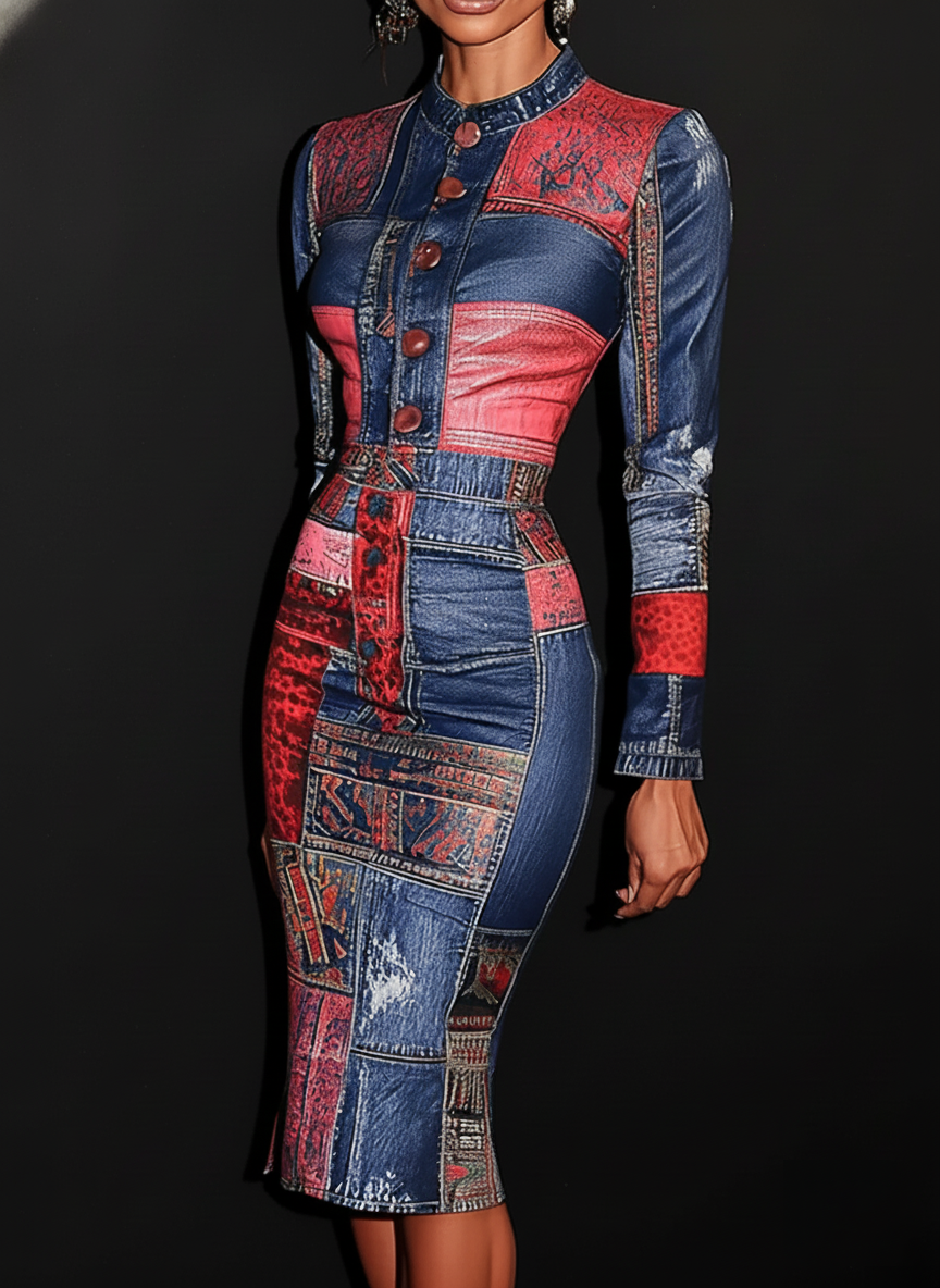 Chic Patchwork Bodycon Midi Dress