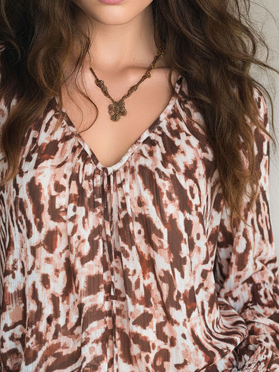 Retro Boho Flowy V-Neck Leopard Print Chiffon Blouse