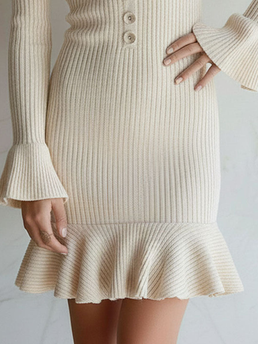 Elegant Cream Flared Cuffs Ribbed Knit Mini Dress With Ruffled Hem